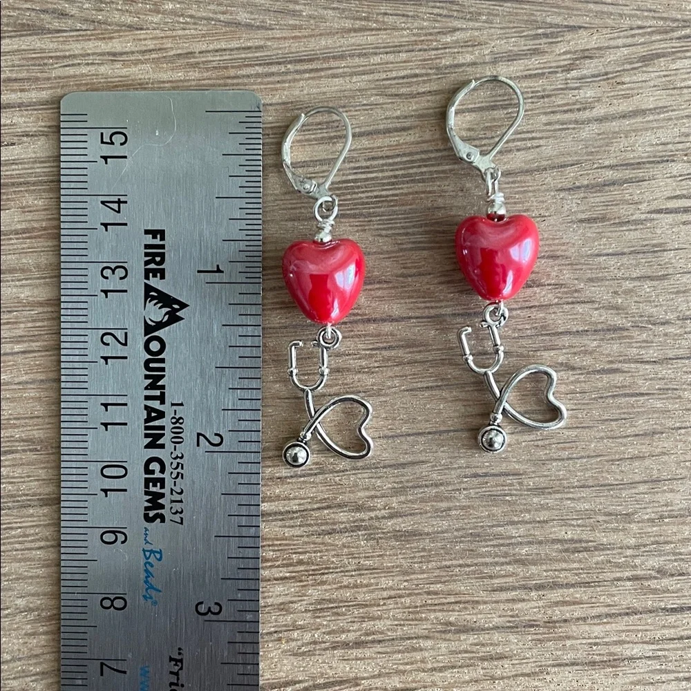 HAND CRAFTED STETHOSCOPE & RED HEART DANGLE EARRINGS  Nurse or Doctor Gift